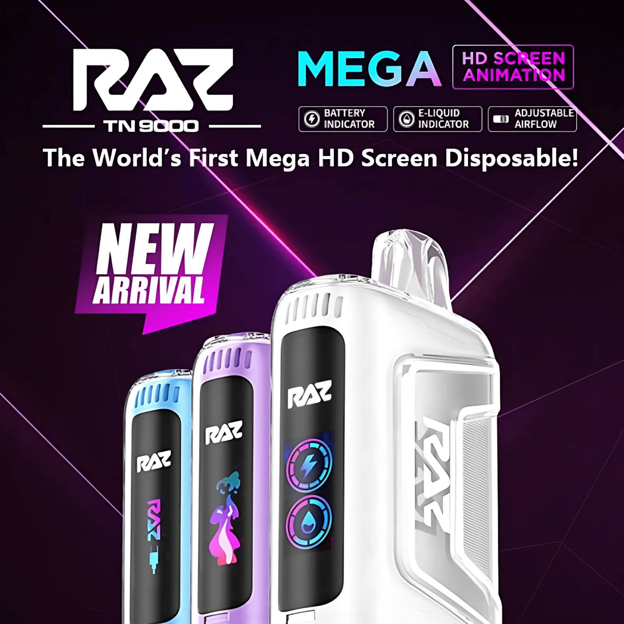 Raz TN9000 Disposable Vape with Mega HD Screen and Adjustable Airflow. New Arrival in colorful designs.