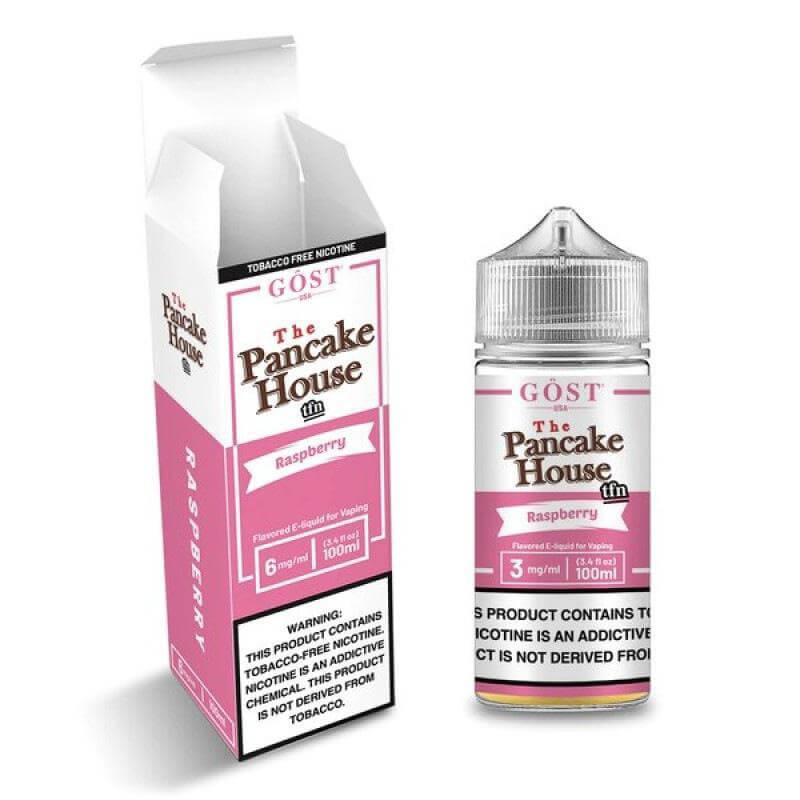 The Pancake House Raspberry e-liquid 100ml bottle and packaging for sub-ohm vaping.