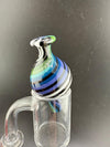Filla John Line Worked Bubble Cap with vibrant blue and green stripes, enhancing dabbing efficiency and style.