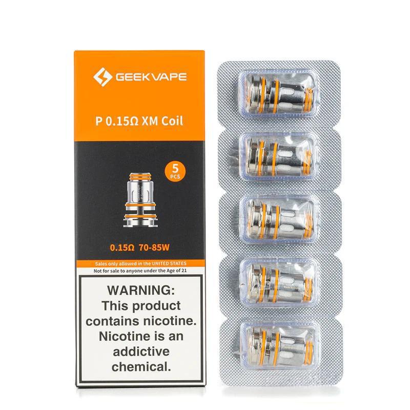 GeekVape P Series Coils box showcasing 5 units, designed for powerful flavor and DL vaping, compatible with Aegis Boost Pro.
