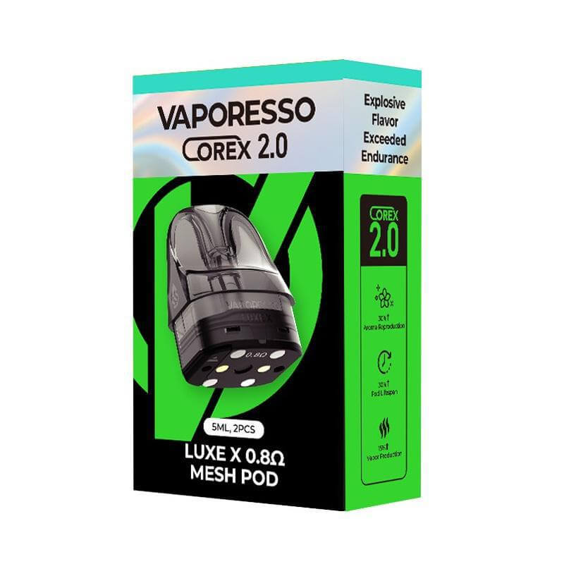 Vaporesso Luxe X Pod packaging featuring Corex 2.0, 2 mesh pods, designed for enhanced flavor and durability.