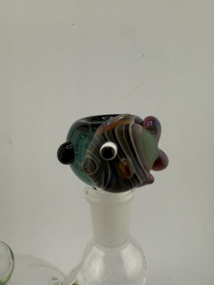 Handcrafted 14mm fish bowl piece by Lamp Dancer, featuring vibrant colors and intricate fish design.