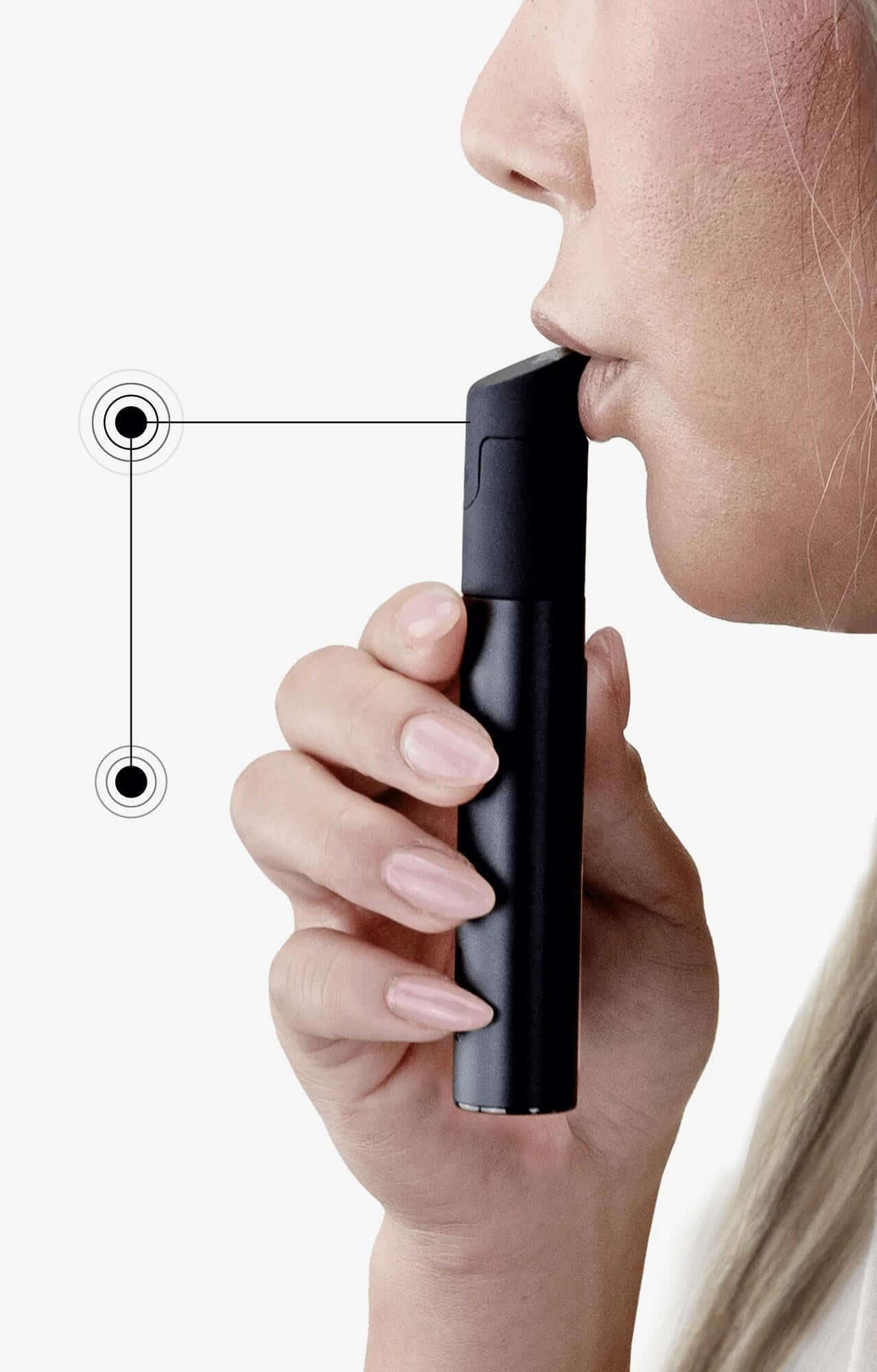 Woman using the Puffco Pivot mobile vaporizer for a discreet dabbing experience on the go.