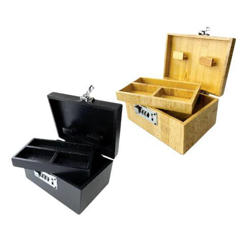 SmokeZilla Locking Treasure Box in black and bamboo, featuring an internal tray and secure combination lock.
