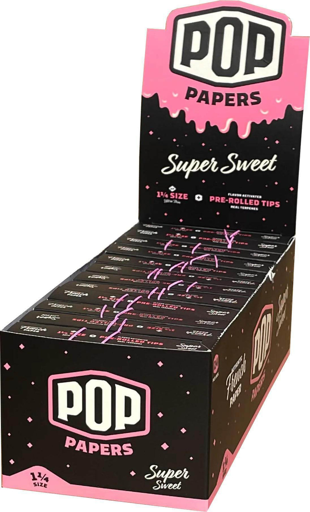 Display box of Pop Papers 1 1/4 Size Super Sweet with pre-rolled terpene infused tips.