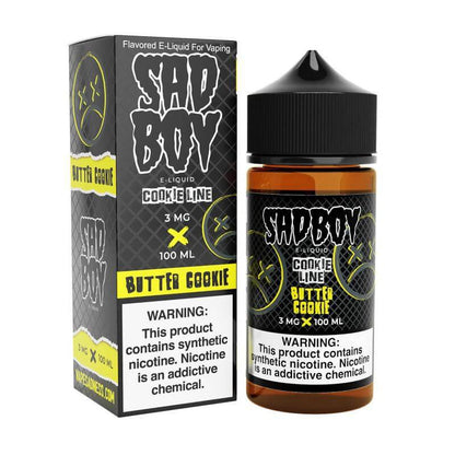 Sad Boy Butter Cookie e-liquid in 100ml bottle with colorful packaging and warning label for vaping.