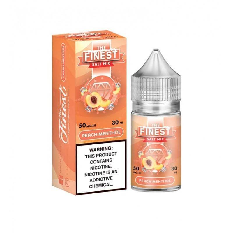 Finest Menthol 30ml vape juice in a sleek bottle with an orange box design, highlighting icy mint flavor.