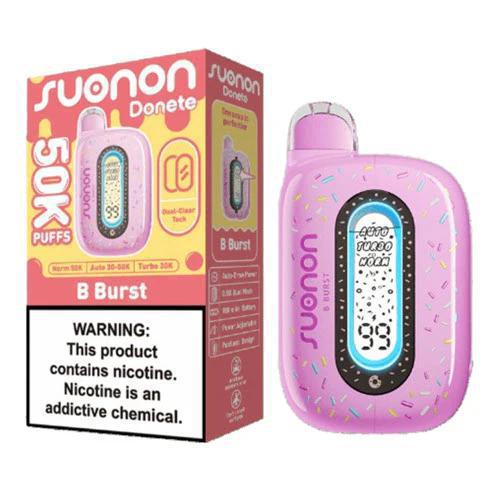 Suonon Donete 50k Disposable Vape in pink with B Burst flavor and warning label, offering 50,000 puffs of premium flavor.