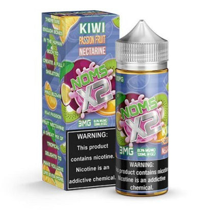 NOMS X2 e-liquid 120ml bottle with kiwi, passion fruit, and nectarine flavors, featuring warning labels for nicotine.