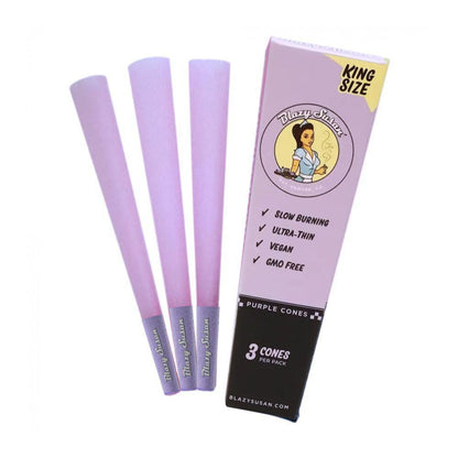 Blazey Susan King Size Purple Cones 3pk - 3 pre-rolled cones in a purple box, ideal for smooth, even smoking sessions.