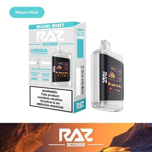 Raz 25 Disposable Nicotine Vape Miami Mint flavor packaging showcasing performance and style.