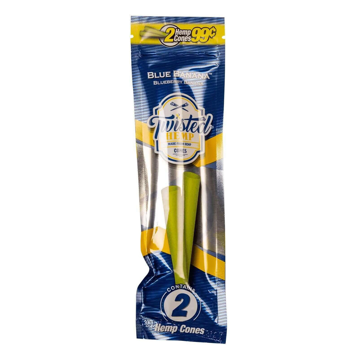 Twisted Hemp Hemp Cones 2pc in Blue Banana flavor, tobacco-free for a smooth smoking experience.