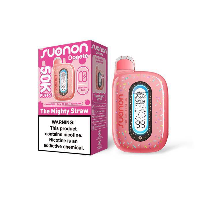 Suonon Donete 50k Disposable Vape in pink design, offering 50,000 puffs of The Mighty Straw flavor.