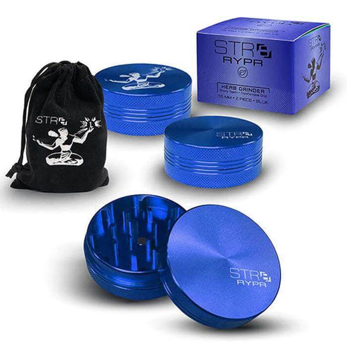 STR8 Rypr 2pc herb grinder set in blue with storage bag and box for efficient herb grinding.