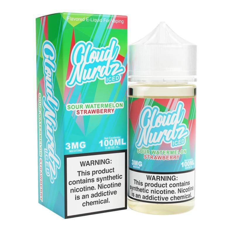 Cloud Nurdz Iced 100ml e-liquid bottle with Sour Watermelon Strawberry flavor, ideal for sub-ohm vaping enthusiasts.