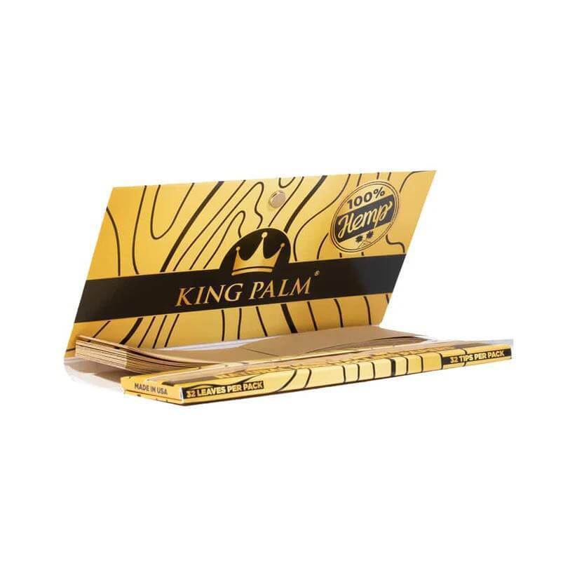 King Palm flavored hemp rolling papers in a gold packaging, featuring 32 leaves per pack.