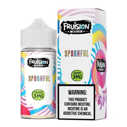 Fruision Juice Co 100ml e-liquid, Spoonful flavor, 3mg nicotine, colorful packaging with warning label.