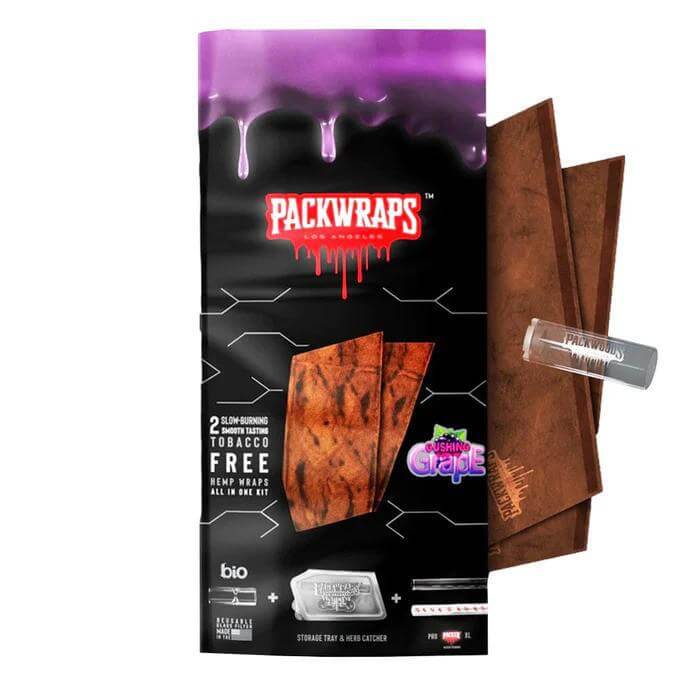 Packwraps Hemp Wraps pack featuring Gushin Grape flavor, includes two wraps, glass tip, and storage tray.