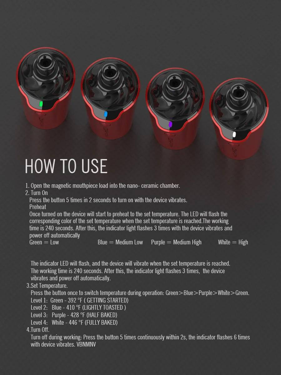 Instructions for using a Lookah Ice Cream Cone dry herb vaporizer and its temperature settings.