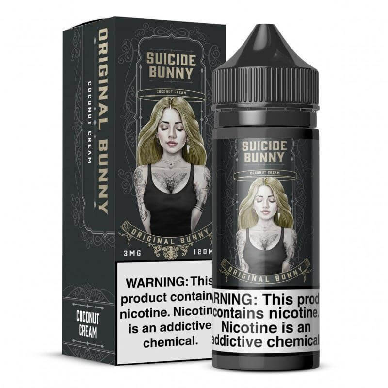 Suicide Bunny 120ml Coconut Cream E-liquid with warning label, showcasing an elegant bottle design.