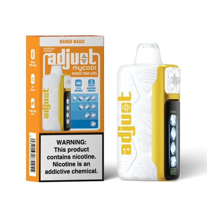 Adjust MyCool Disposable Vape in Mango Magic flavor with customizable settings and warning label.