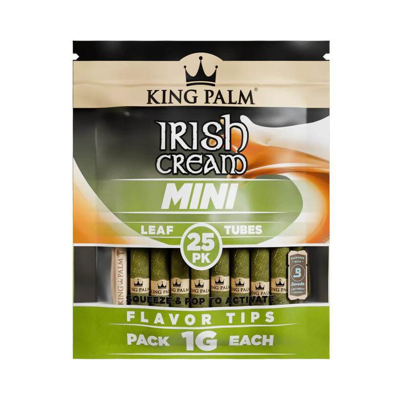 King Palm Irish Cream mini leaf tubes, 25 pack, featuring flavor tips for a premium smoking experience.