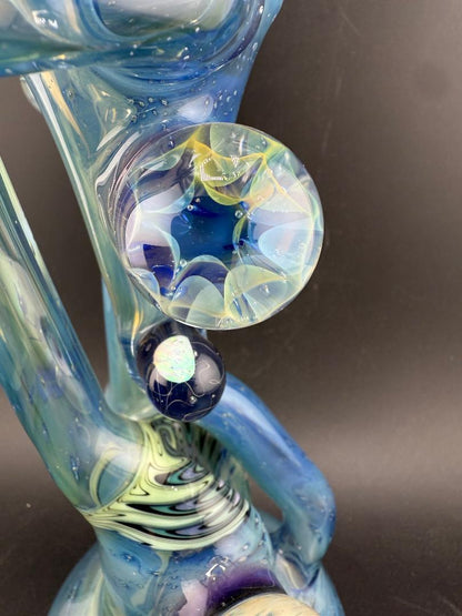 Highgrade Glass  Recycler - Green / Teal Fully Worked with Line Worked Wig Wag Sections & Marble Attachments 10mm 90°