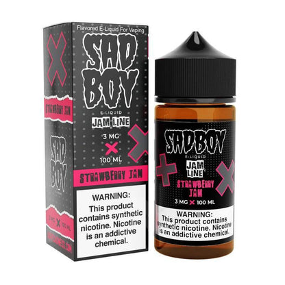 Sad Boy Strawberry Jam e-liquid 100ml bottle with packaging, rich bold flavors for sub-ohm vaping.