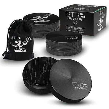 STR8 RYPR Herb Grinder 40mm 2pc in black with a carrying pouch, ideal for effortless herb grinding.