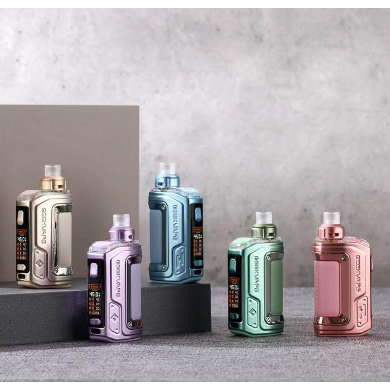 GeekVape H45 Aegis Hero 2 Kit in five colors displayed on a modern background, showcasing its sleek design and features.