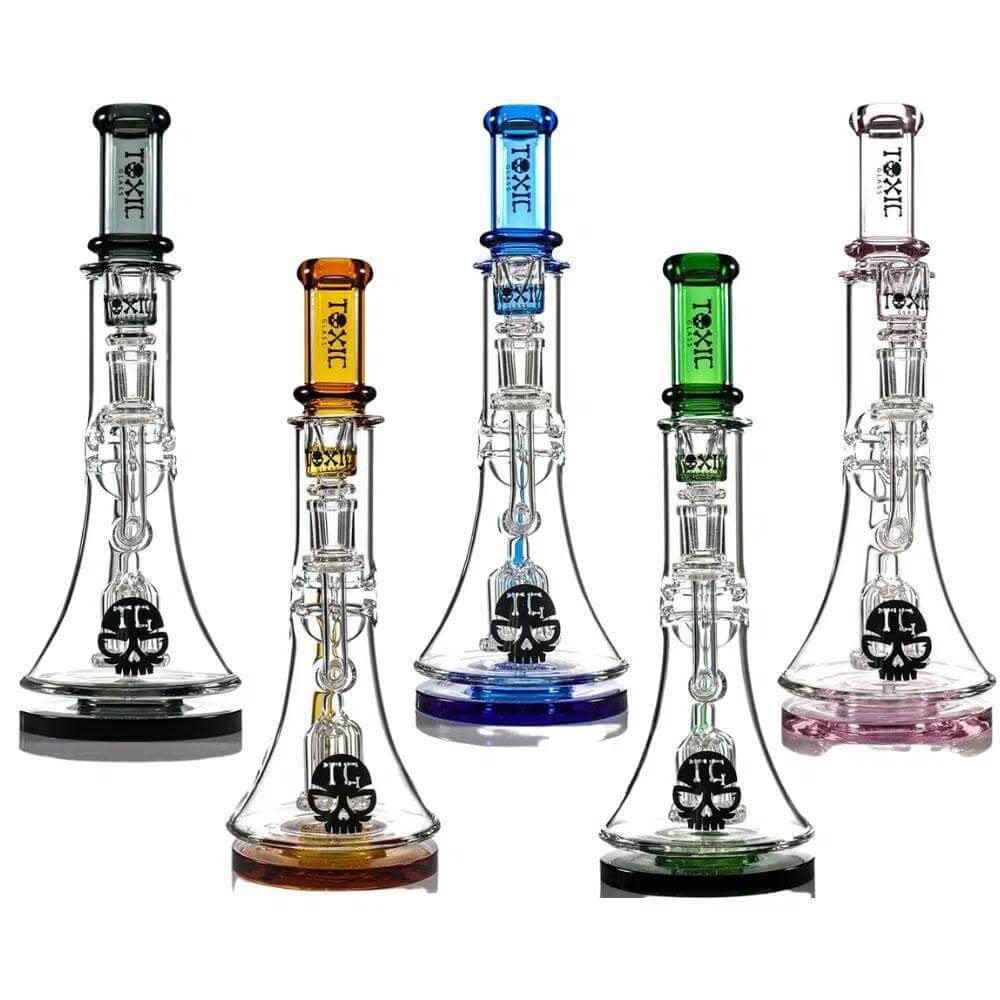 Collection of five Toxic Glass 14 inch Squid Perc Fabb Recycler Beakers in various colors.