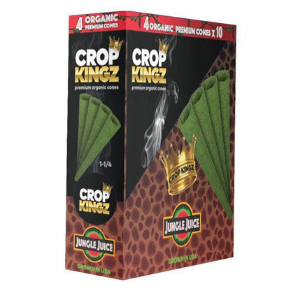 Crop Kingz Organic Hemp Cones 1 1/4 Size 4pc box featuring Jungle Juice flavor for quality smoking experience.