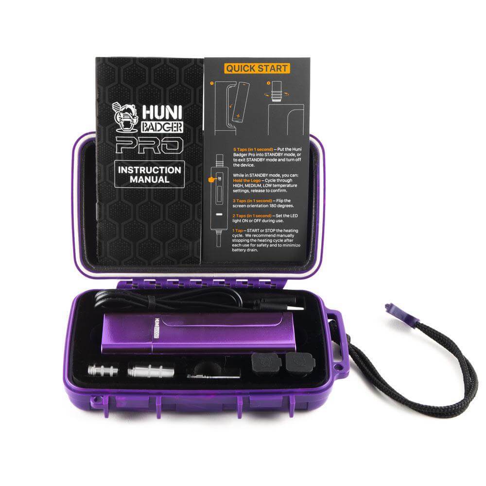Huni Badger Pro portable device in purple case with instruction manual and accessories for easy herbal extract consumption.