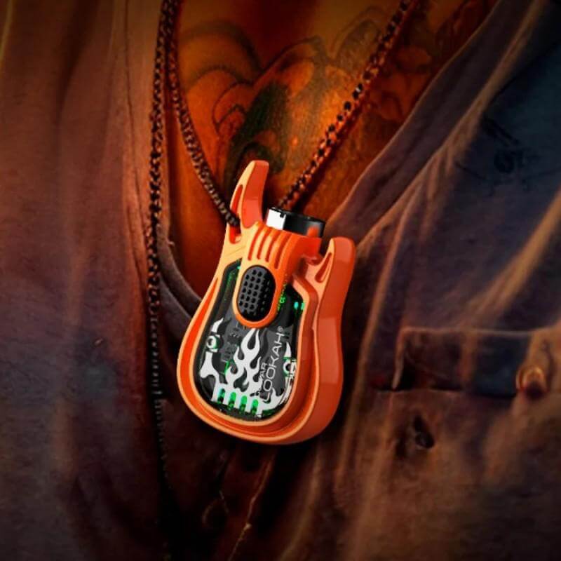 Lookah Guitar 510 thread vape battery in orange, shaped like a guitar, worn as a necklace for style and convenience.