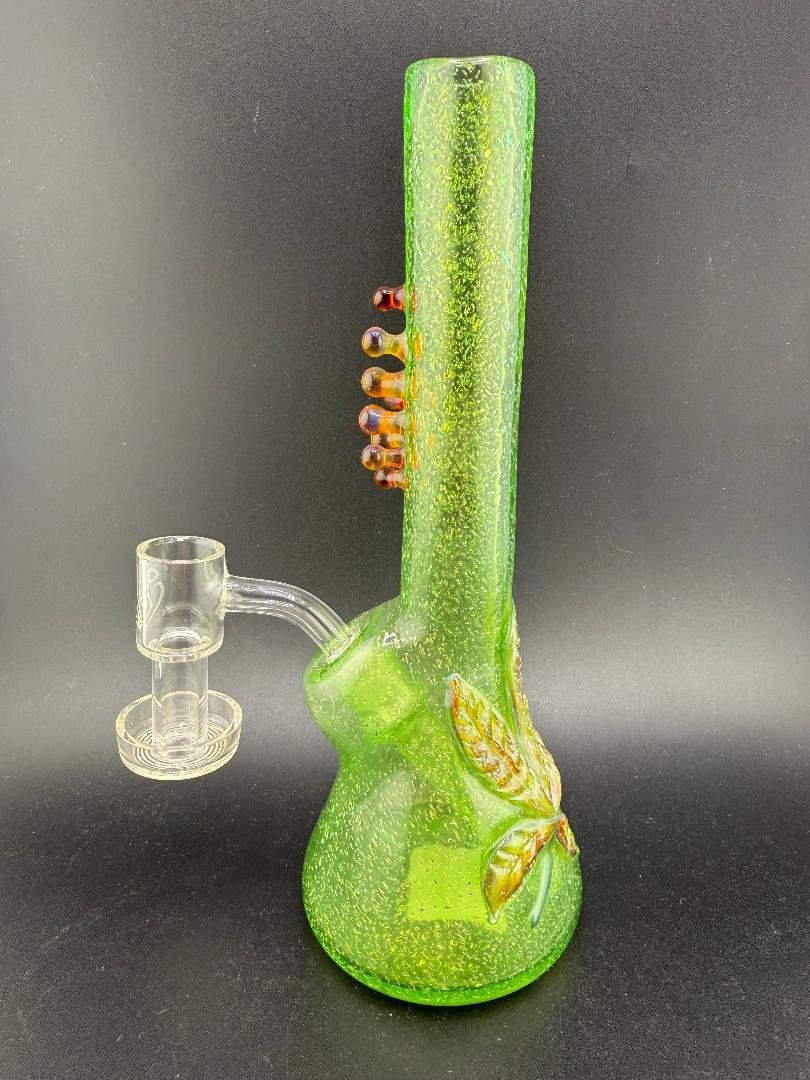 Mr. Gray glass dichroic pressed leaf mini tube, 10mm joint, vibrant green design, American-made, color-shifting effect.