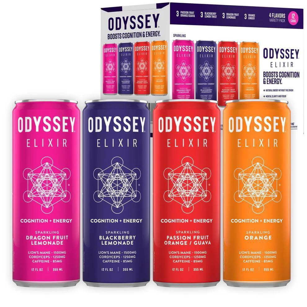 Four cans of Odyssey Mushroom Elixir - Dragon Fruit Lemonade, Blackberry Lemonade, Passion Fruit Orange/Guava, and Orange flavors.