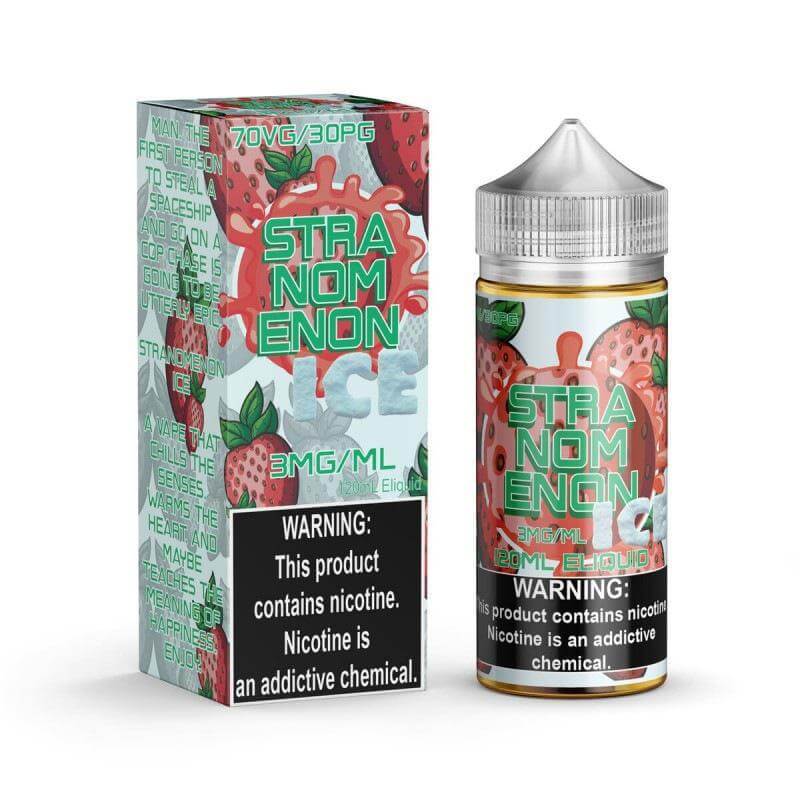 Noms Ice 120ml E-Juice bottle with strawberry design, featuring a warning label about nicotine content.