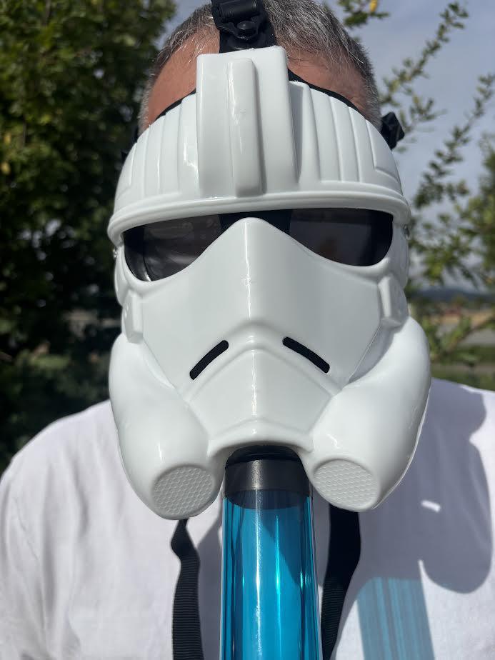 Bong Gas Mask worn by a person, showcasing its unique design and functionality for parties and costumes.