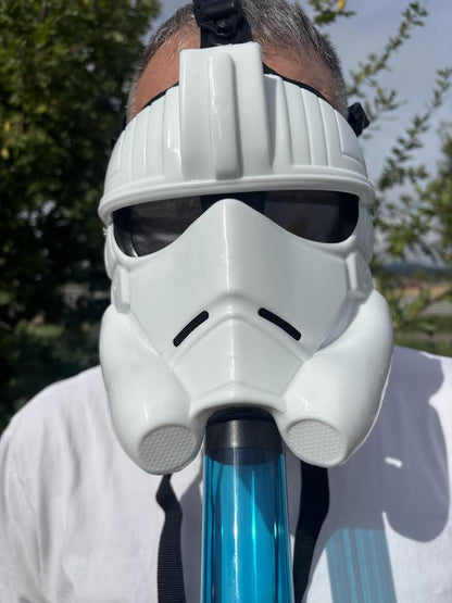 Bong Gas Mask worn by a person, showcasing its unique design and functionality for parties and costumes.