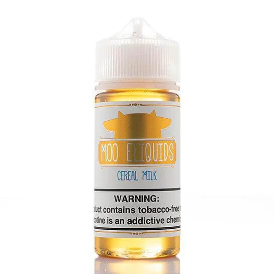 Moo Eliquids 100ml Cereal Milk vape juice in a clear bottle with warning label.