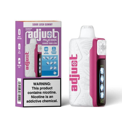 Adjust MyCool Disposable Nicotine Vape with Sour Lush Gummy flavor, customizable options, and warning label.