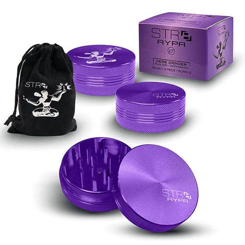 STR8 RYPR Herb Grinder 40mm 2pc in vibrant purple with pouch and packaging, perfect for easy herb grinding.