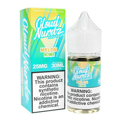 Cloud Nurdz Iced Melon Kiwi 30ml salt nicotine e-liquid in a vibrant blue-green box.