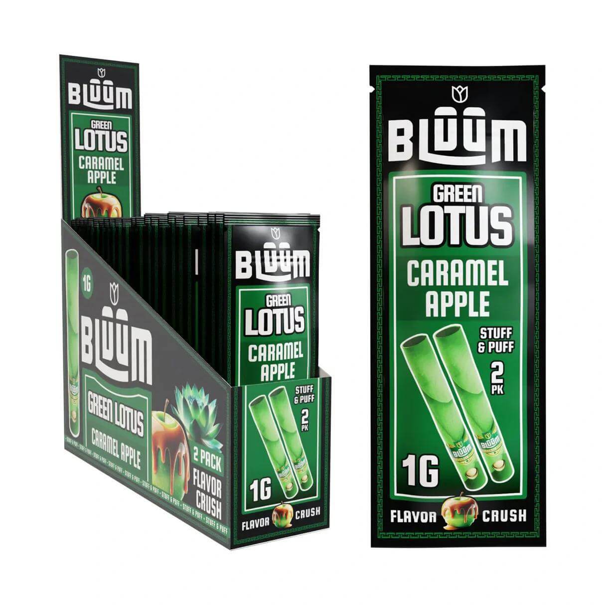 Bluum Cones Green Lotus Caramel Apple 2-pack, premium mini rolls for a flavorful smoking experience.