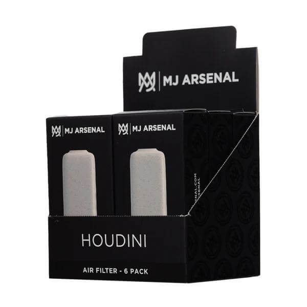 MJ Arsenal Houdini air filter 6 pack for odor control and smoke reclamation, compact design for discreet consumption.