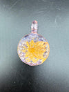 Handcrafted Mcdoogle Glass Retticello Molded Pendy pendant with floral design in amber and purple tones.