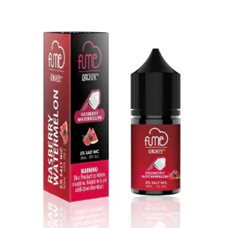 Fume Salt Nic Raspberry Watermelon e-liquid in a 30ml bottle with packaging, featuring 5% nicotine strength.