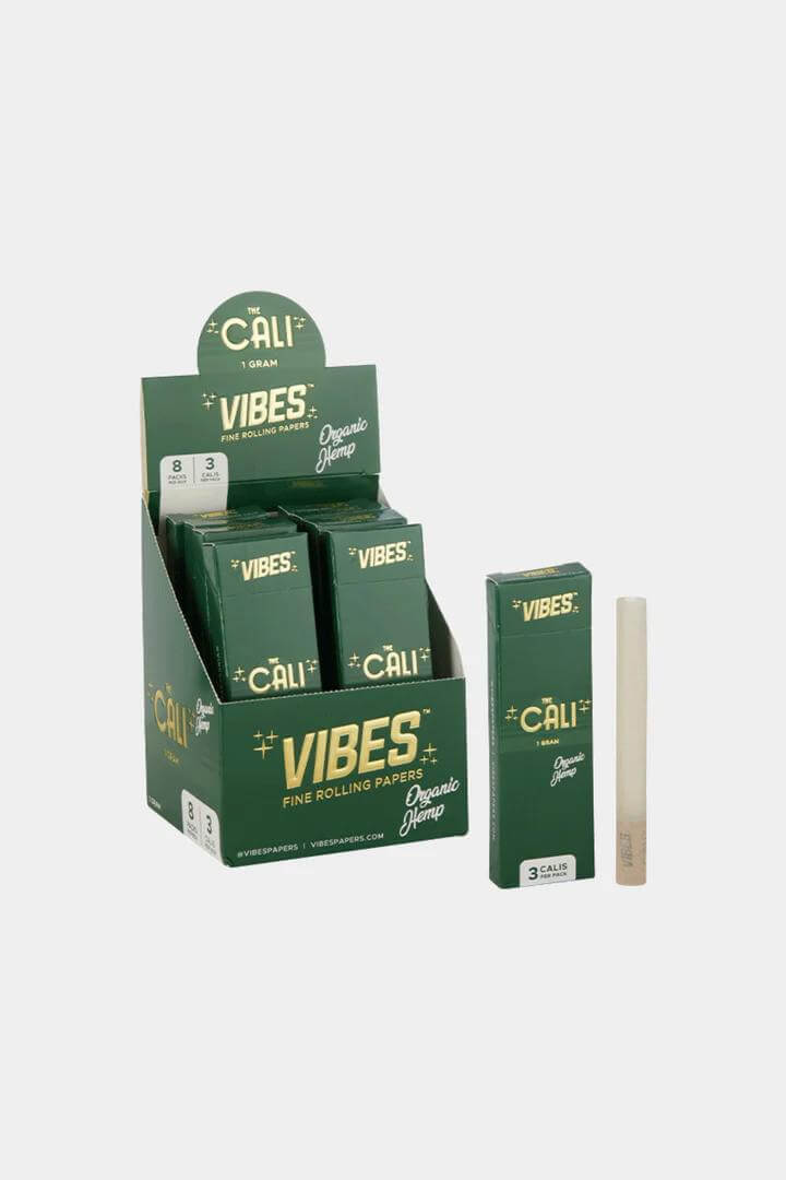 Vibes Cali 1g Cone display box with organic hemp and different cone styles, showcasing premium rolling paper.