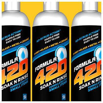 Formula 420 Soak N Rinse Cleaner bottles showcasing hassle-free cleaning for glass, metal, Pyrex, and ceramic items.