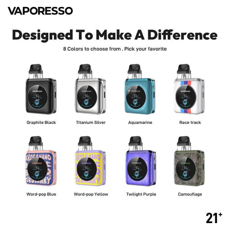 Vaporesso XROS 4 Nano vape device available in 8 colors: Graphite Black, Titanium Silver, Aquamarine, Race Track, Word-pop Blue, Word-pop Yellow, Twilight Purple, Camouflage.